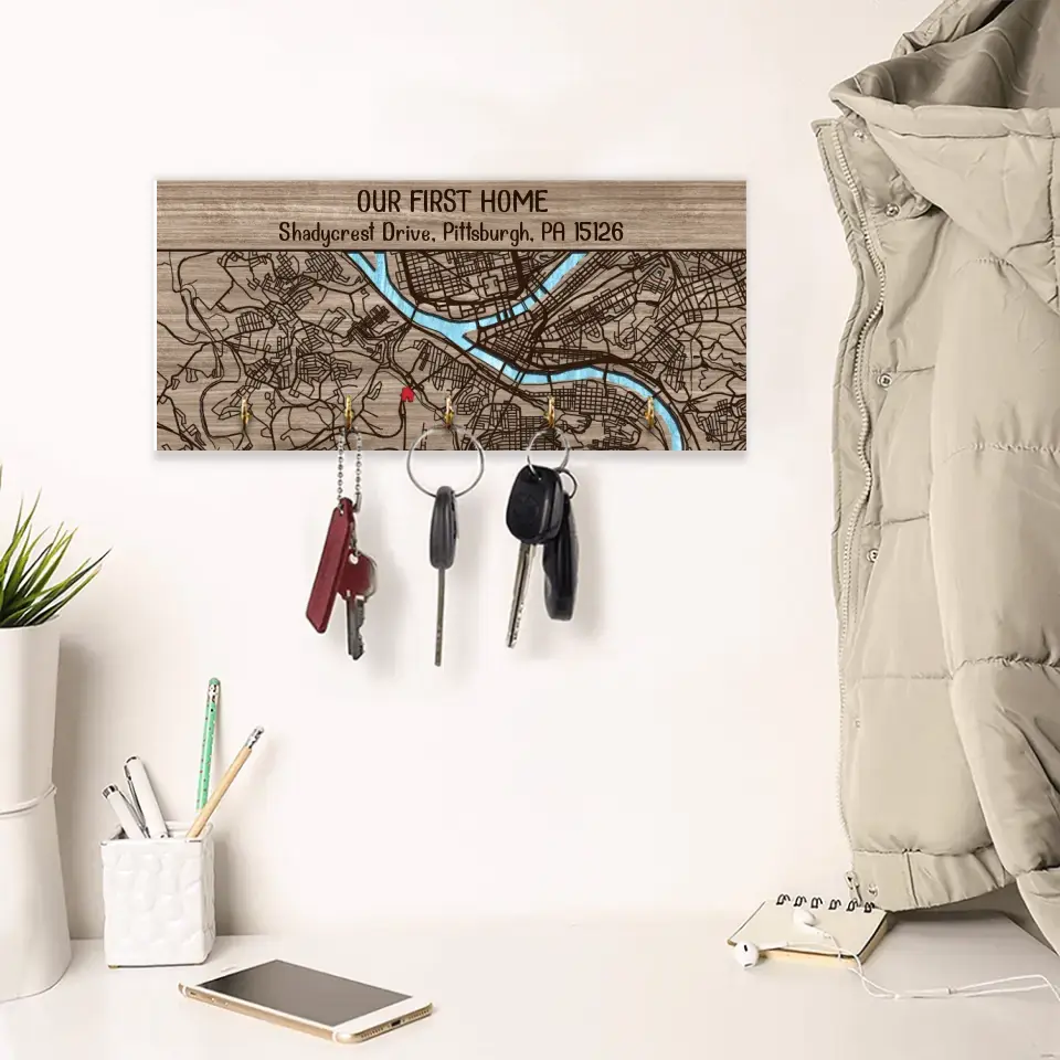 Personalized Valentine Gifts - Our First Home - Personalized Map Key Holder