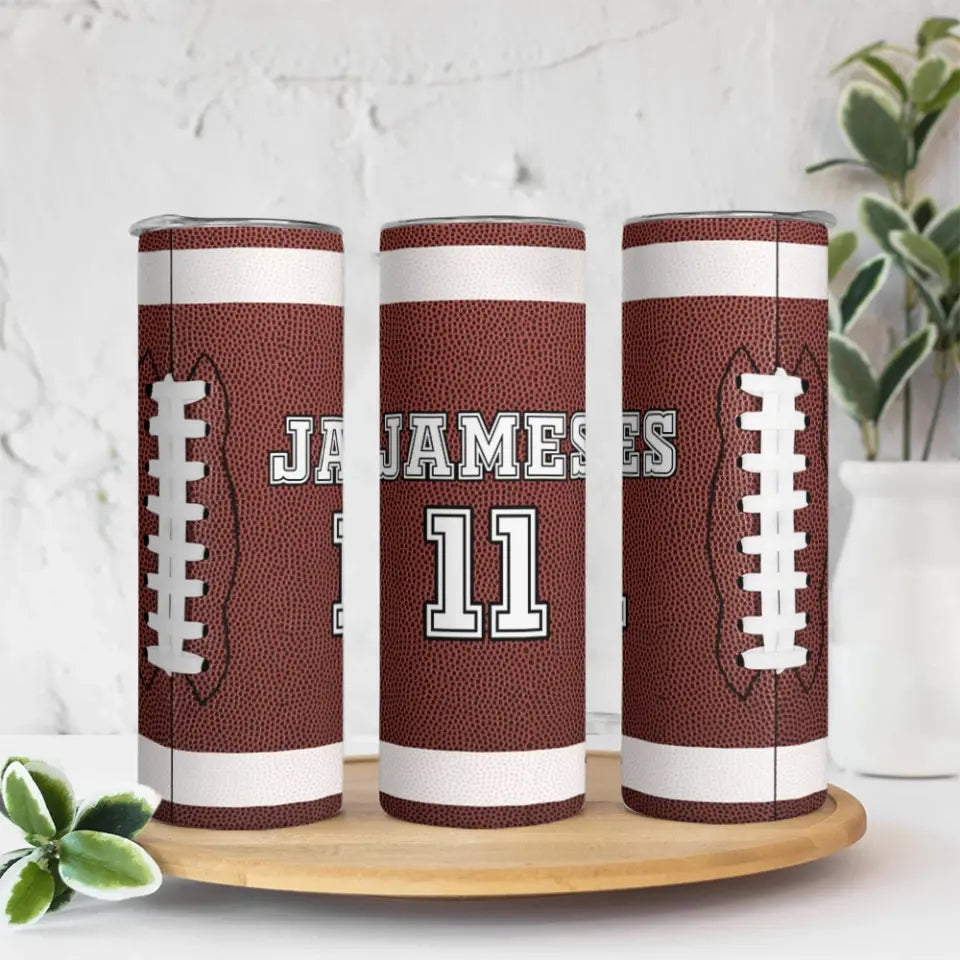 Football Tumbler with Your Name and Number for the Win - Personalized Skinny Tumbler
