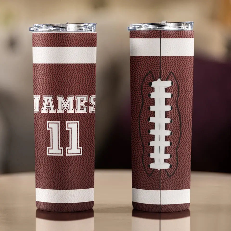 Football Tumbler with Your Name and Number for the Win - Personalized Skinny Tumbler