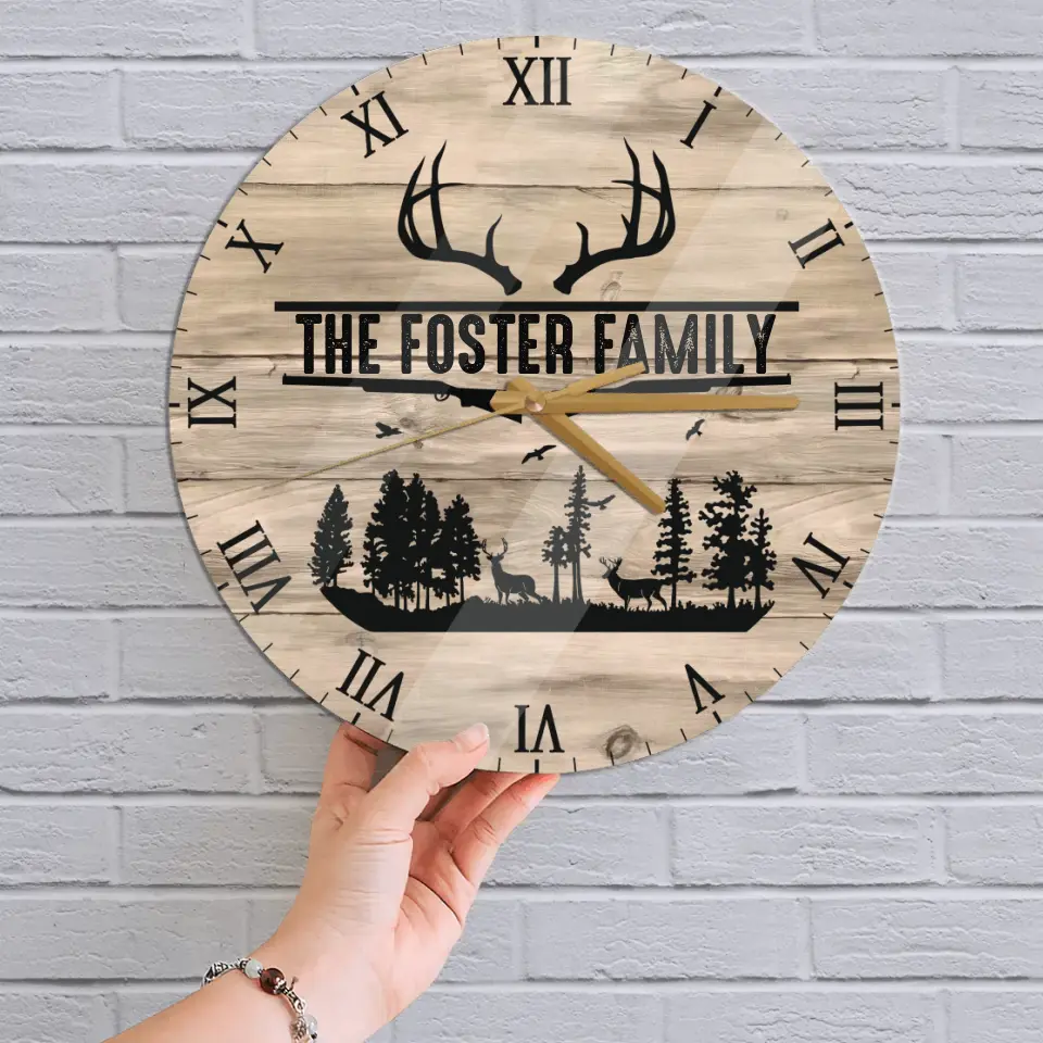 Home Sweet Time - Personalized Family Keepsake - Wall Clock - Vintage Deers - Gift For Parents, Couples