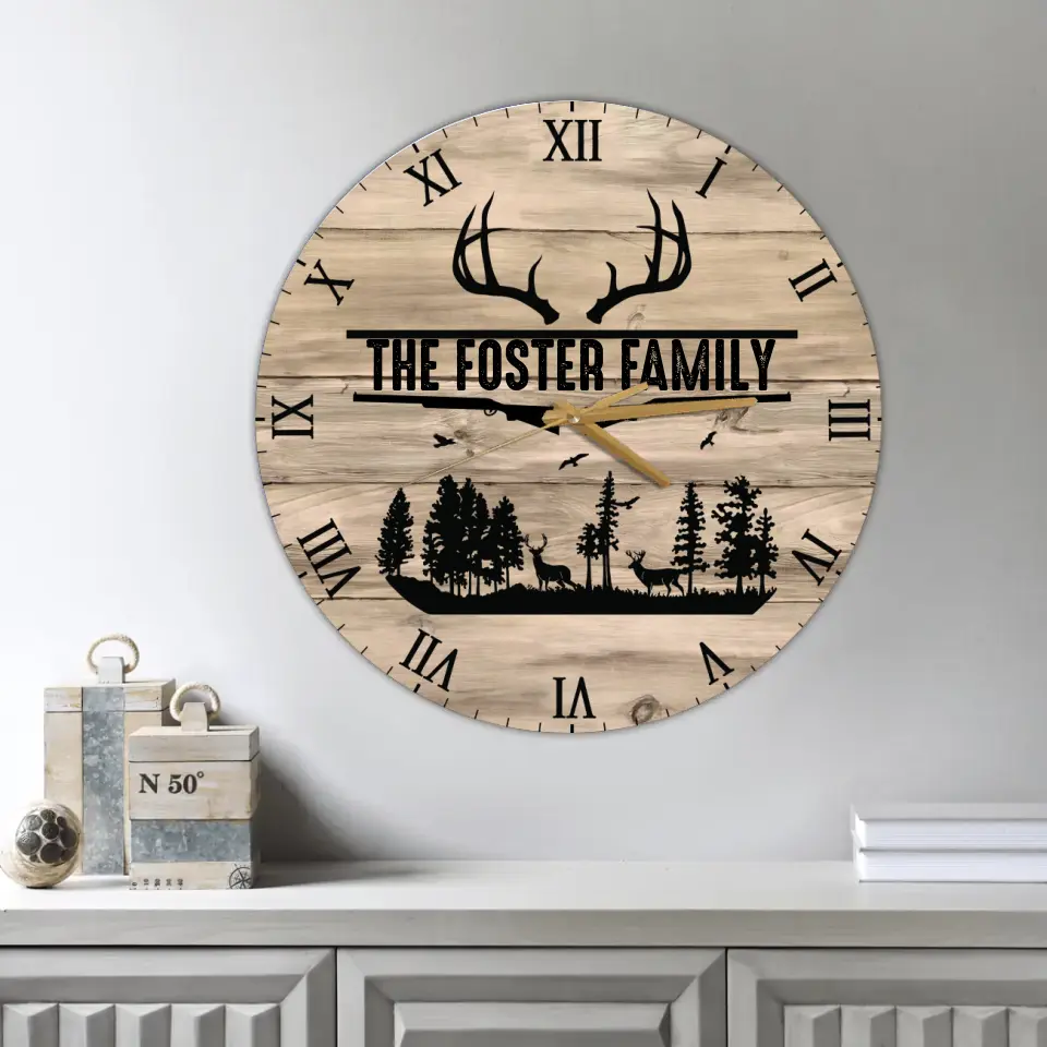 Home Sweet Time - Personalized Family Keepsake - Wall Clock - Vintage Deers - Gift For Parents, Couples
