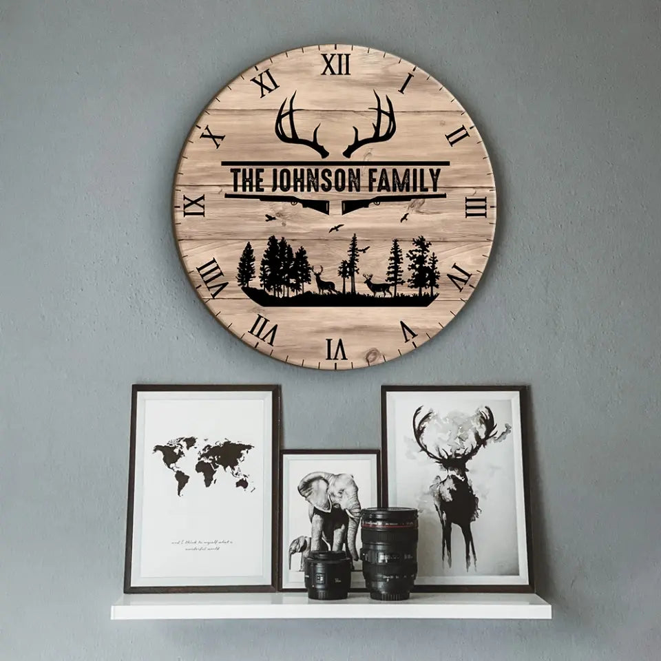 Home Sweet Time - Personalized Family Keepsake - Wall Clock - Vintage Deers - Gift For Parents, Couples