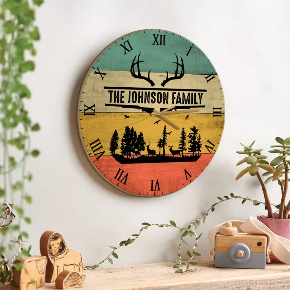 Home Sweet Time - Personalized Family Keepsake - Wall Clock - Vintage Deers - Gift For Parents, Couples