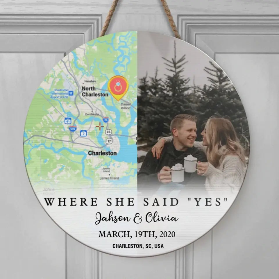 Couple Wooden Sign Where She Say Yes - Personalized Round Wooden Sign