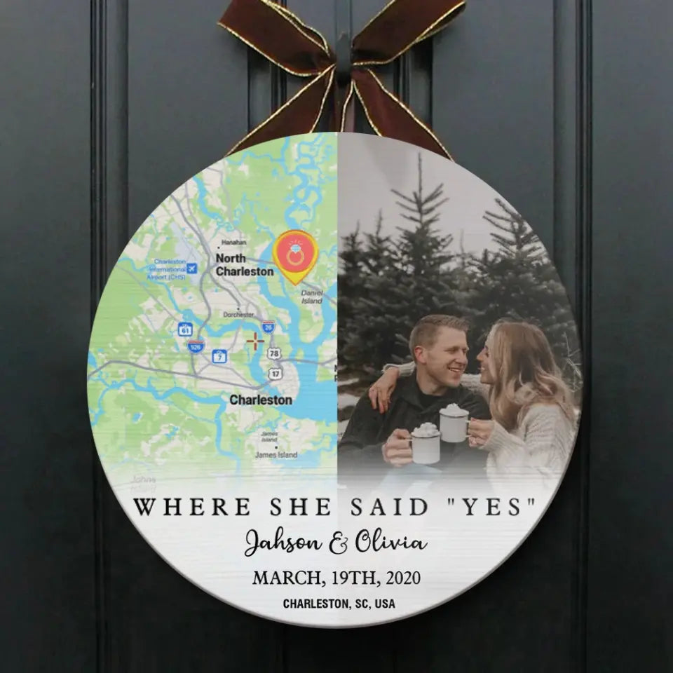 Couple Wooden Sign Where She Say Yes - Personalized Round Wooden Sign