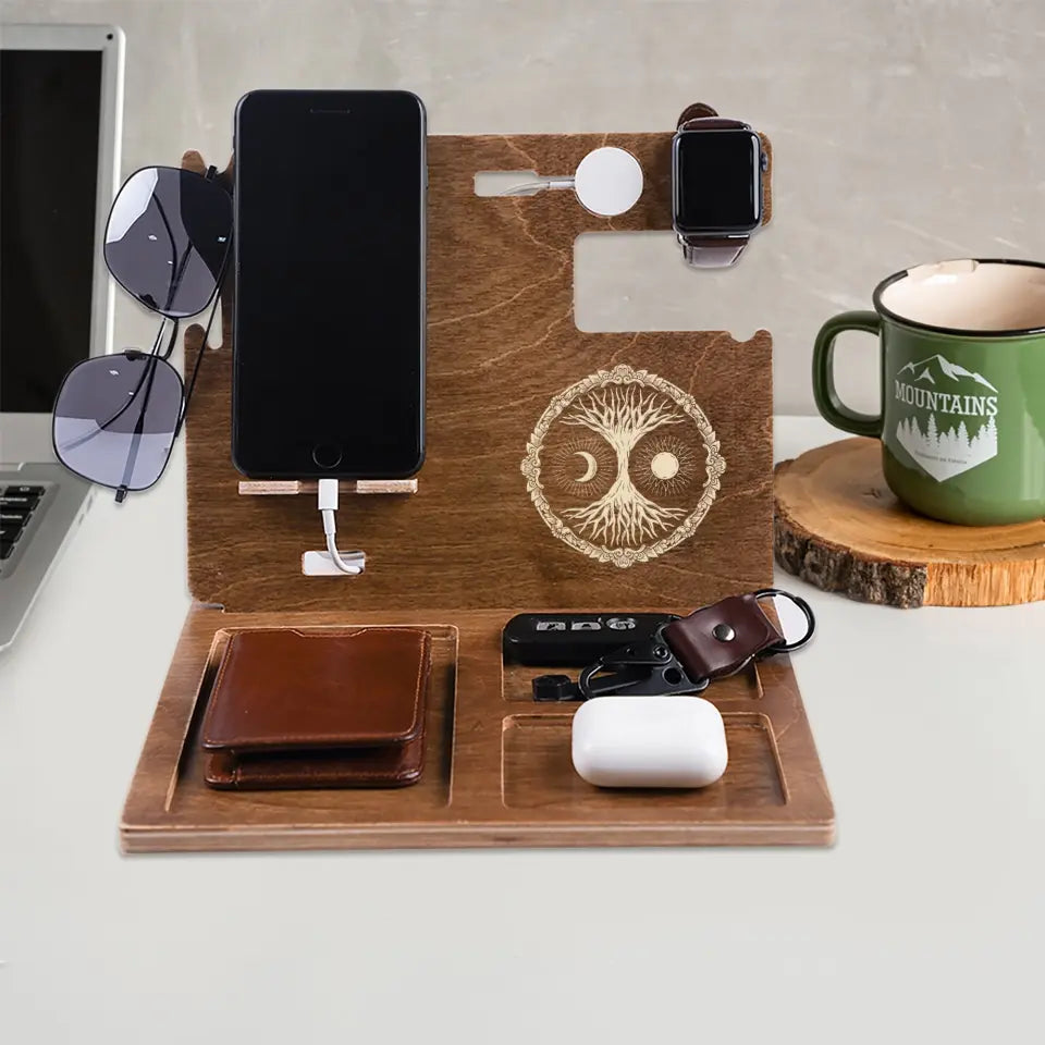 Tree Of Life Featuring Sun and Moon Symbols Personalized Wooden Dock Station
