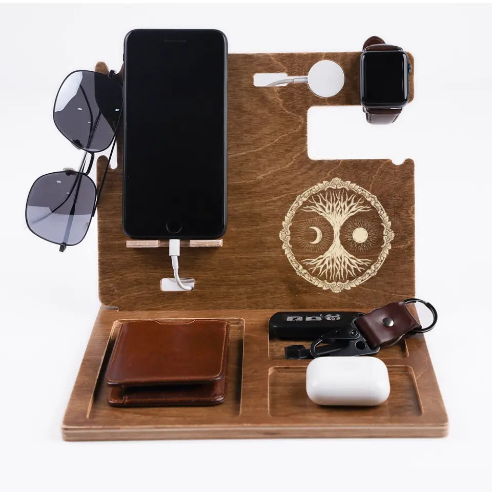 Tree Of Life Featuring Sun and Moon Symbols Personalized Wooden Dock Station