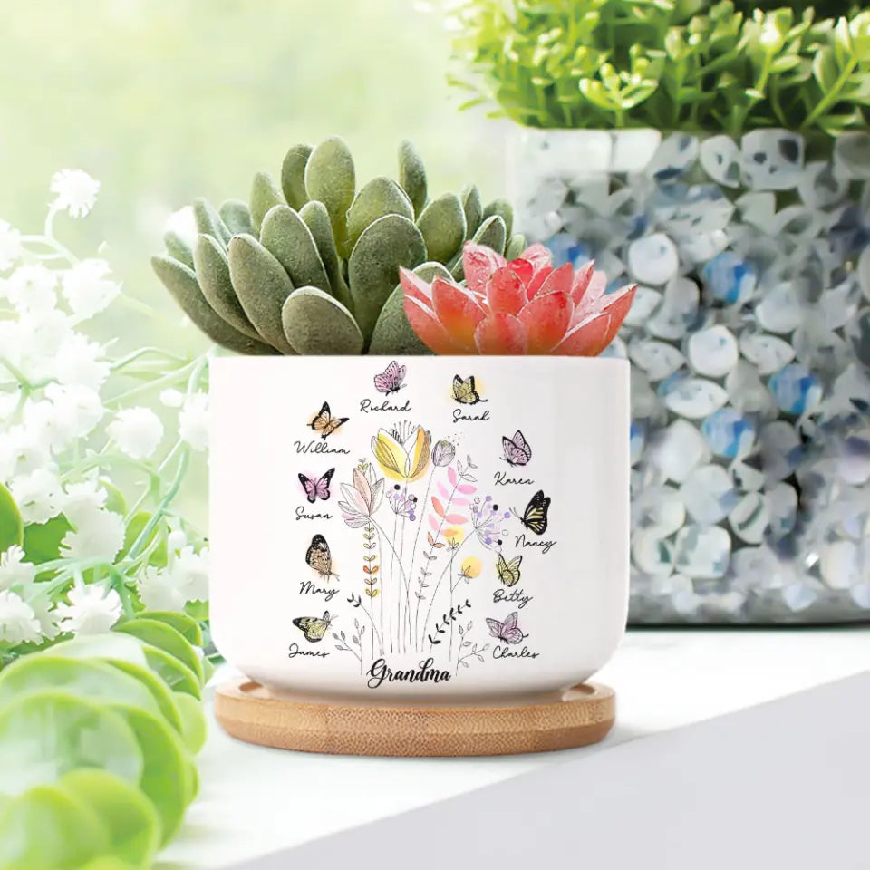 Garden Of FLower With Children's Names - Personalized Ceramic Plant Pot - Gift For Grandma