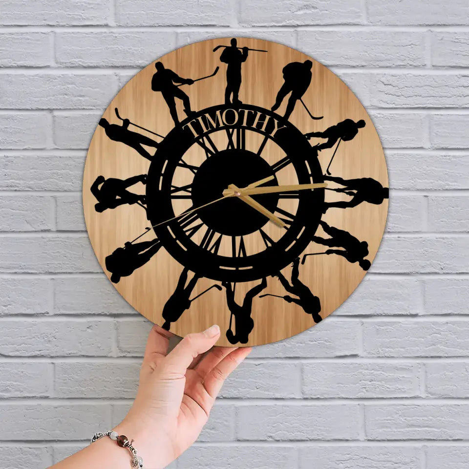 Hockey Players Pattern Wall Clock - Wooden/Acrylic Clock - Gift For Hockey Lovers, Players, Sport Fan