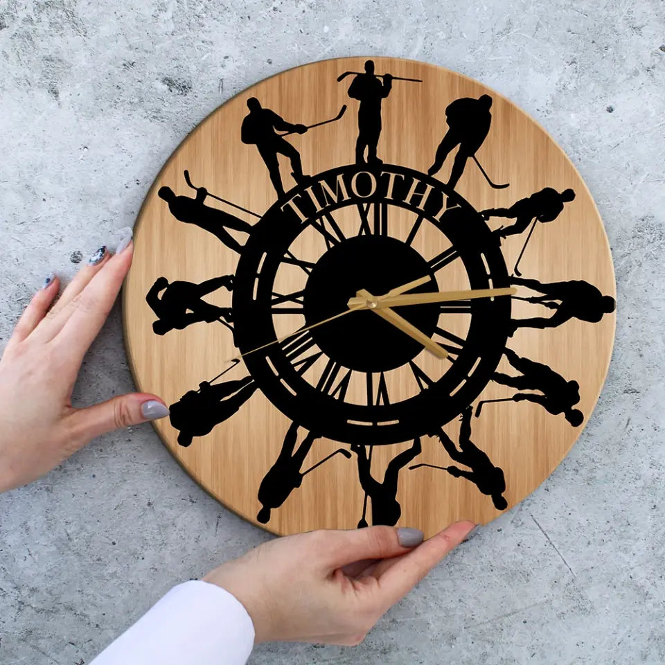 Hockey Players Pattern Wall Clock - Wooden/Acrylic Clock - Gift For Hockey Lovers, Players, Sport Fan