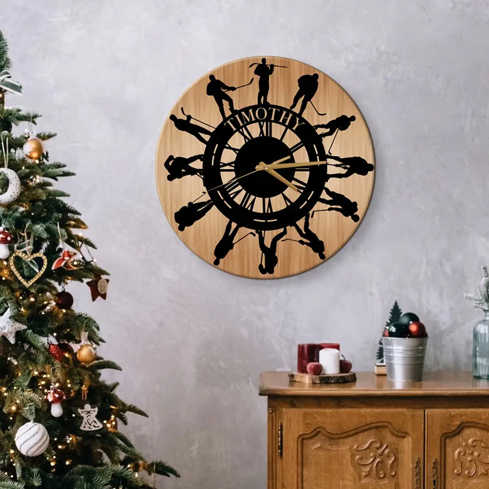 Hockey Players Pattern Wall Clock - Wooden/Acrylic Clock - Gift For Hockey Lovers, Players, Sport Fan