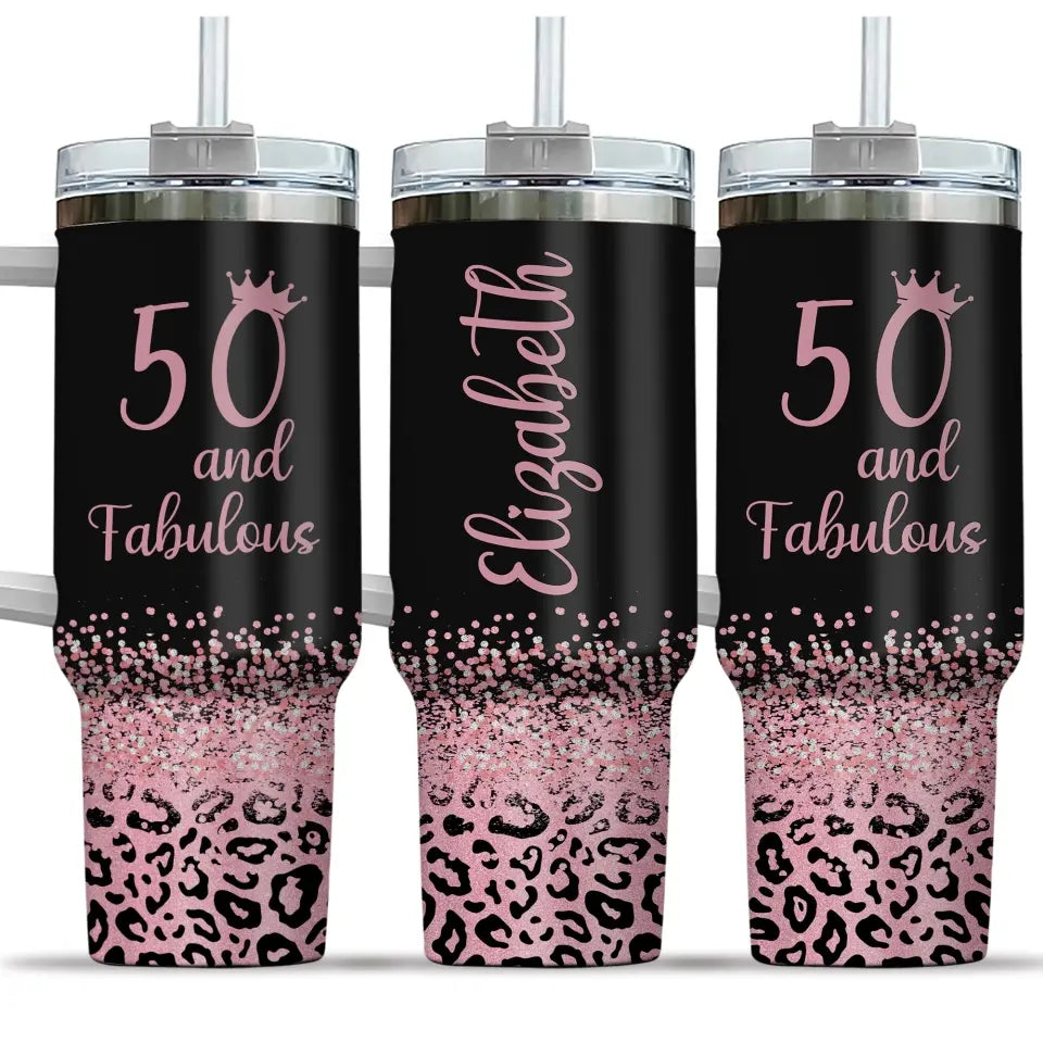 Fifty & Fabulous - 50th Birthday Gift for Women, Mom - 40oz Tumbler with Handle - Tumbler Cup Gifts