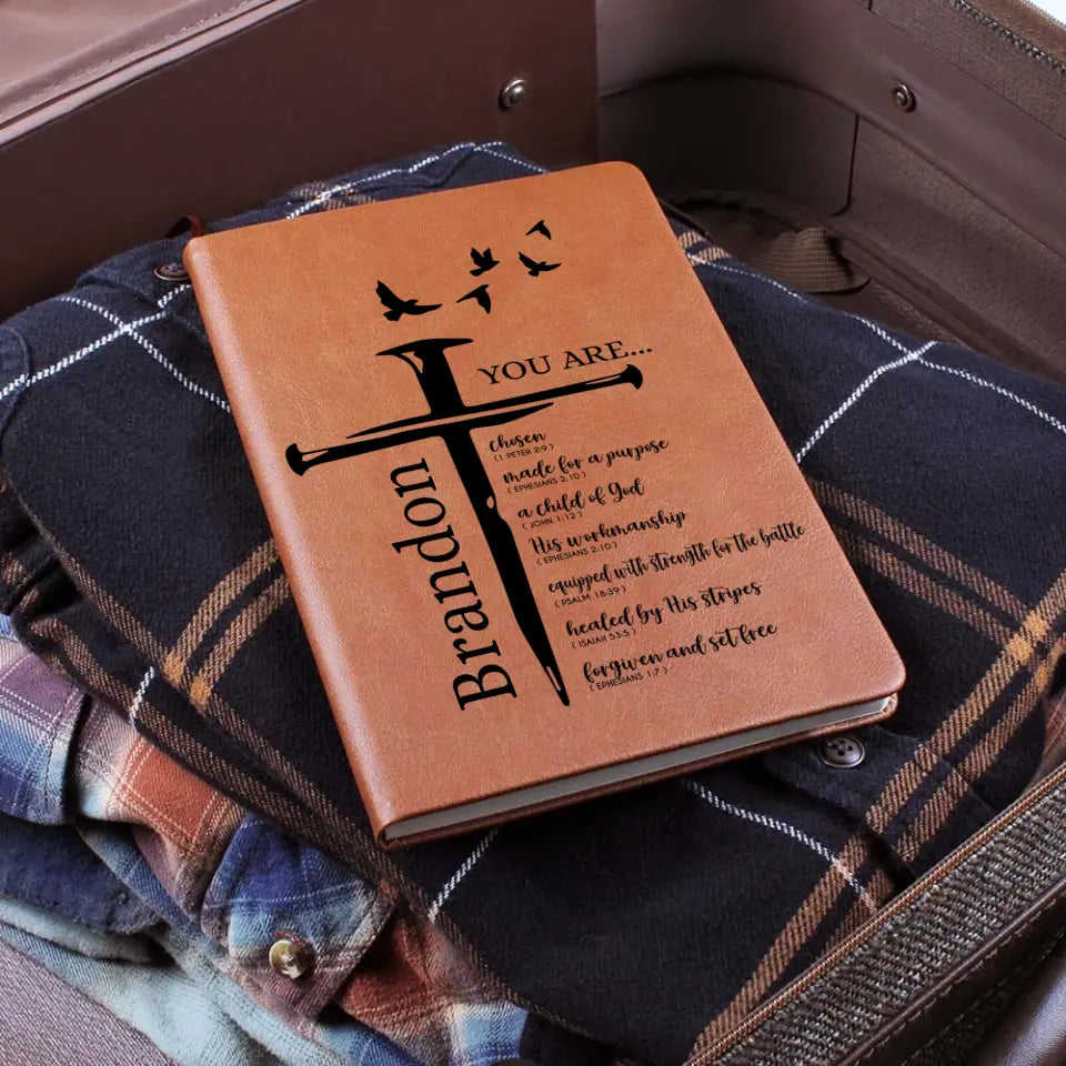 Christian Gift for Men - Religious Gifts for Him - Bible Verse Cross - Personalized Leather Journal, Notebook - Men's Accessories