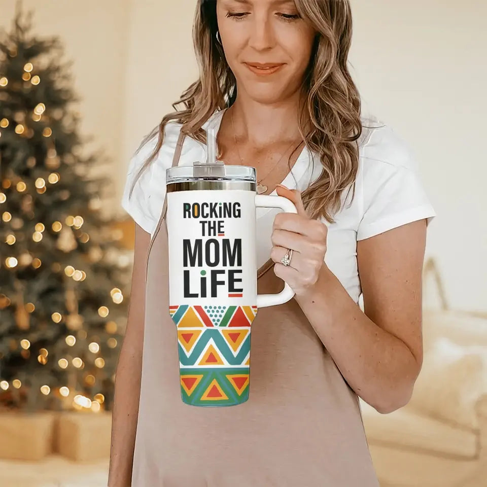 Rocking the Mom Life - Gift for Black Mom - 40oz Tumbler with Handle - Gift for Mother's Day, Birthday, Christmas