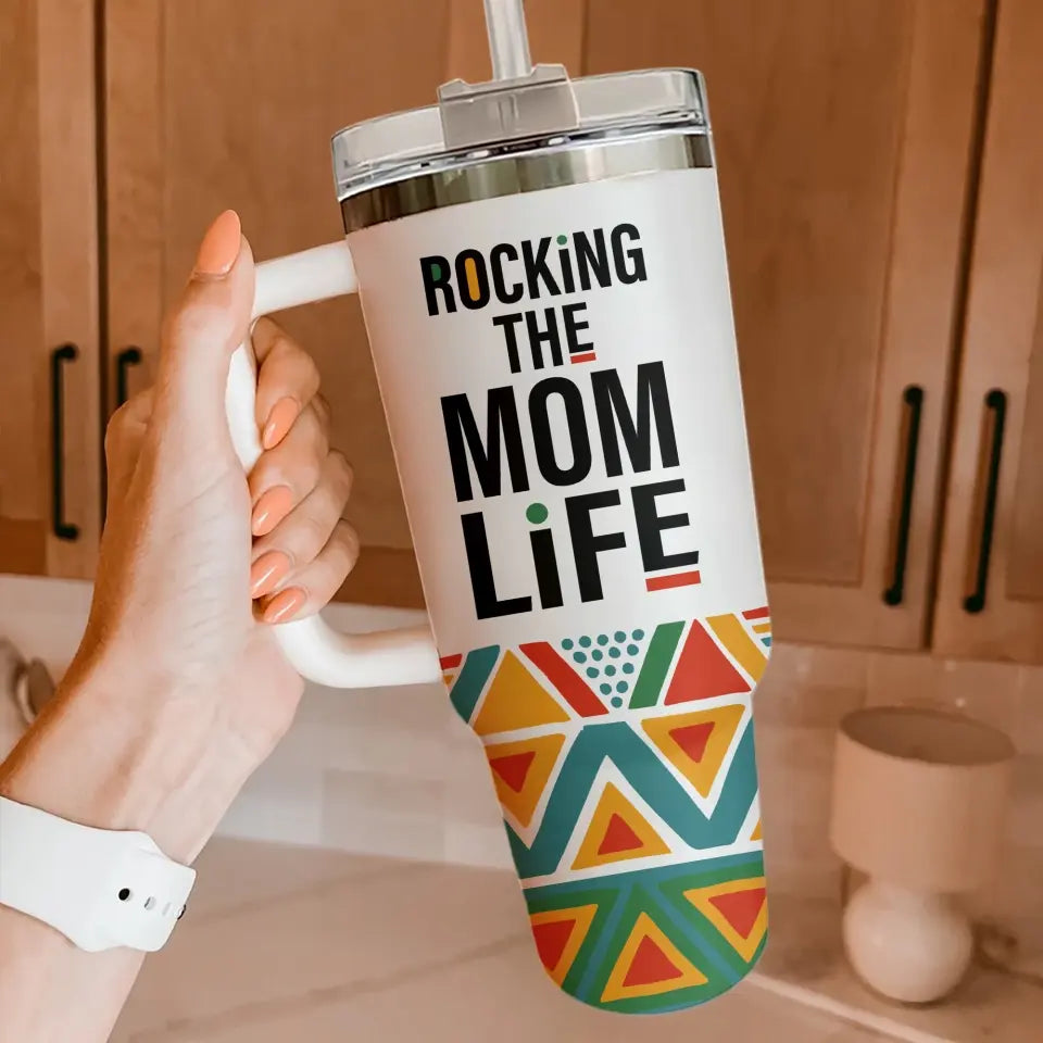 Rocking the Mom Life - Gift for Black Mom - 40oz Tumbler with Handle - Gift for Mother's Day, Birthday, Christmas