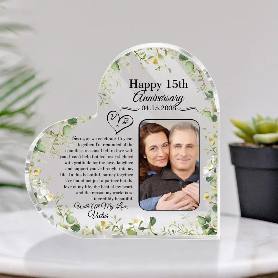 15th Anniversary Gift for Husband Wife Personalized Heart Acrylic Plaque