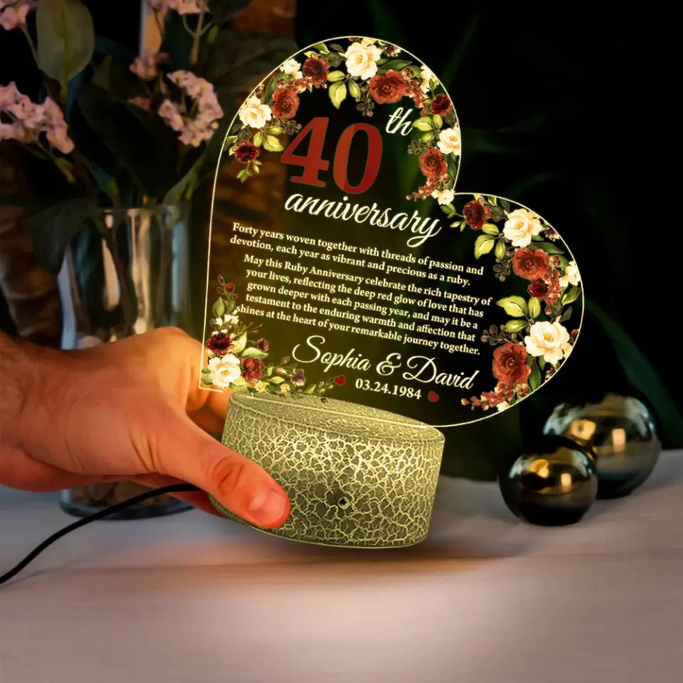 40th Anniversary Gift for Husband Wife Floral Led Light Ruby Anniversary Keepsake