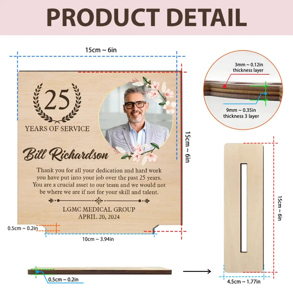 Years of Service Thank You for All Dedication and Hard Work Wooden Plaque Work Anniversary Gift