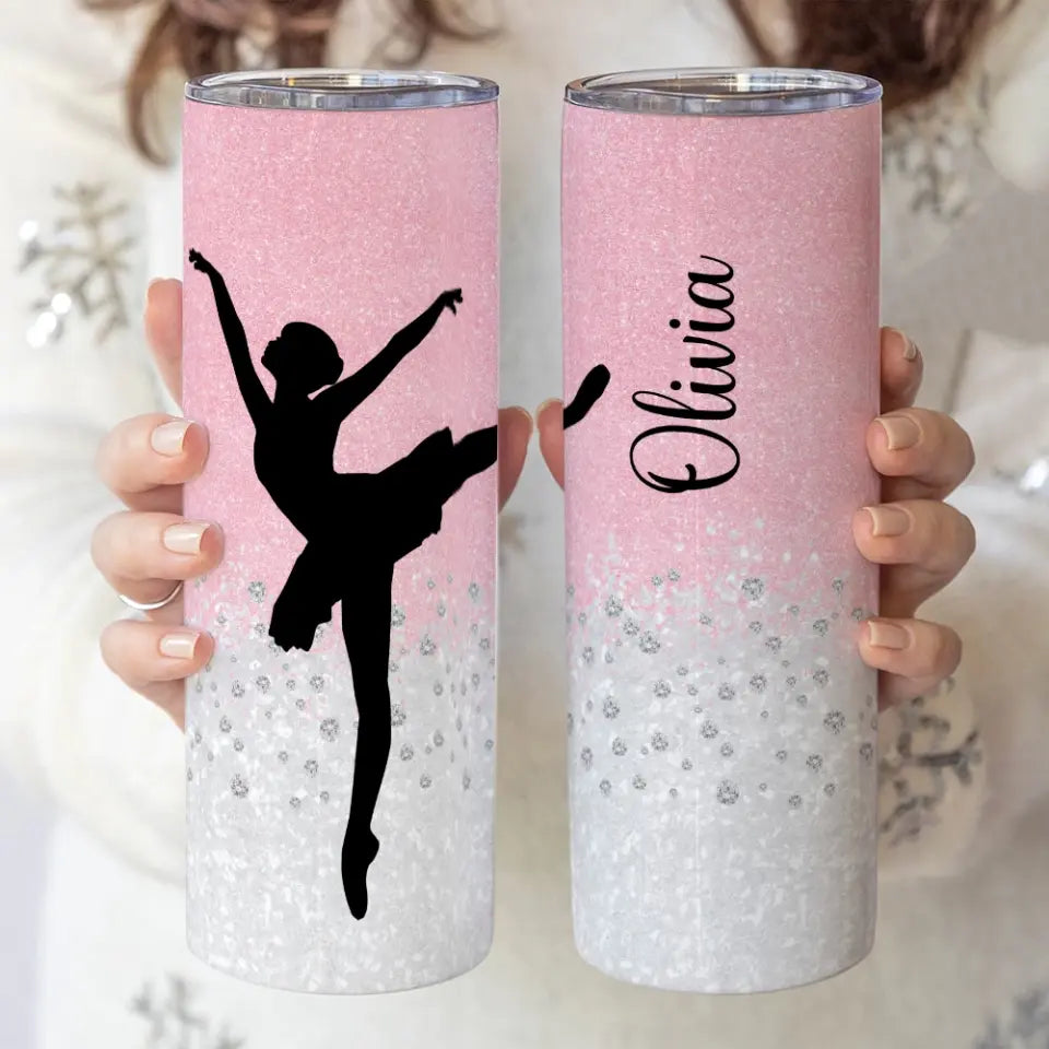 Personalized Name 20oz Skinny Tumbler for Dancers Pink Twinkle Background