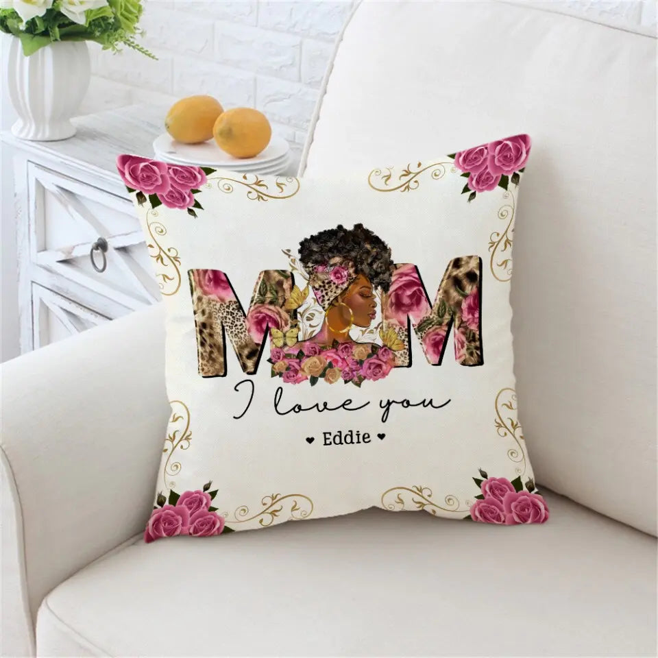 Black Mom Gift from Kids Square Pillow Personalized Names Floral Style