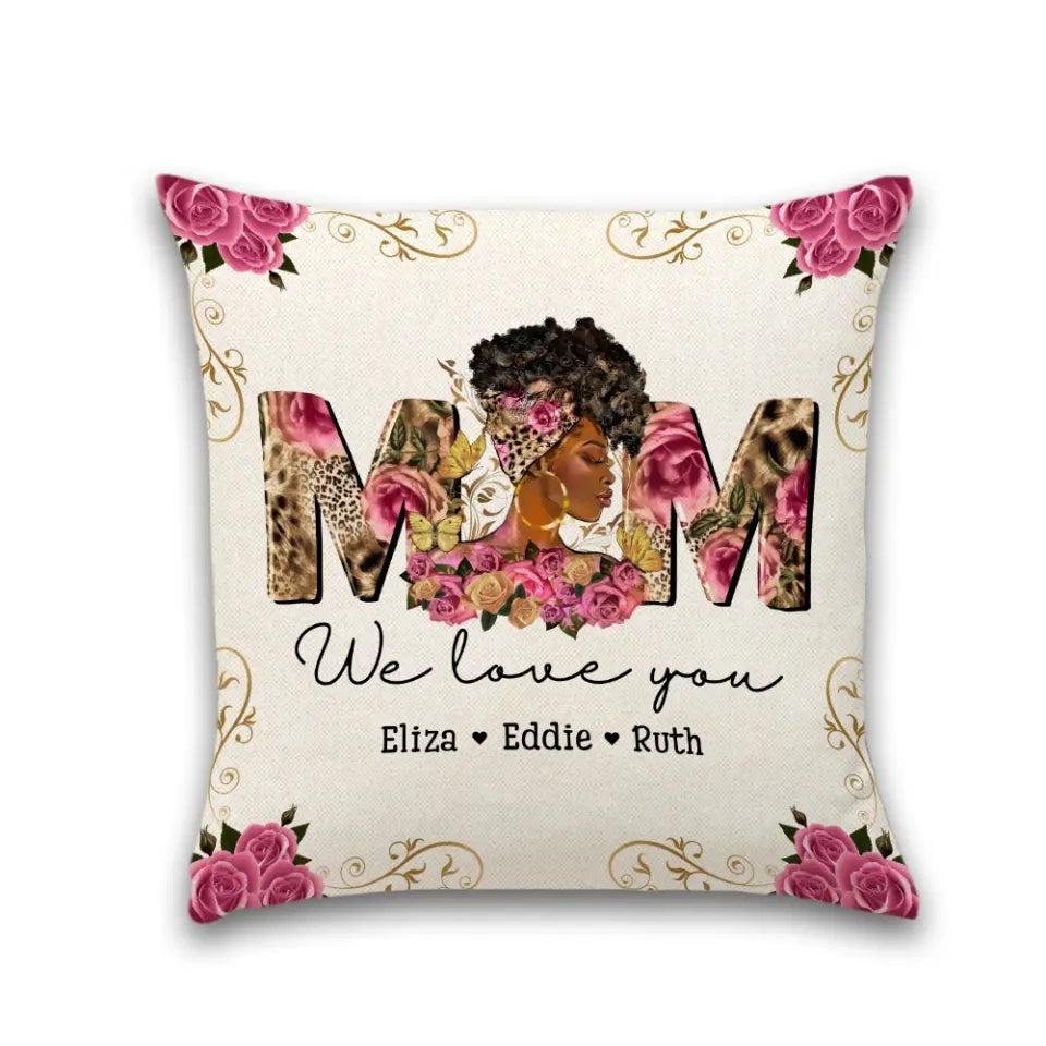 Black Mom Gift from Kids Square Pillow Personalized Names Floral Style