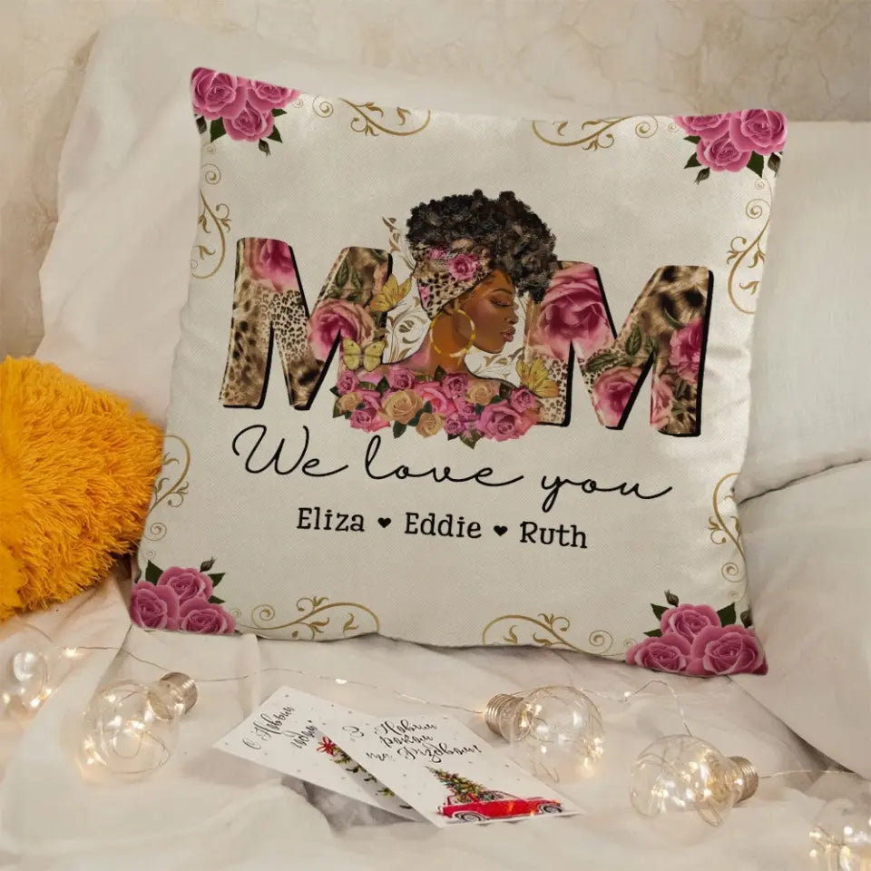 Black Mom Gift from Kids Square Pillow Personalized Names Floral Style