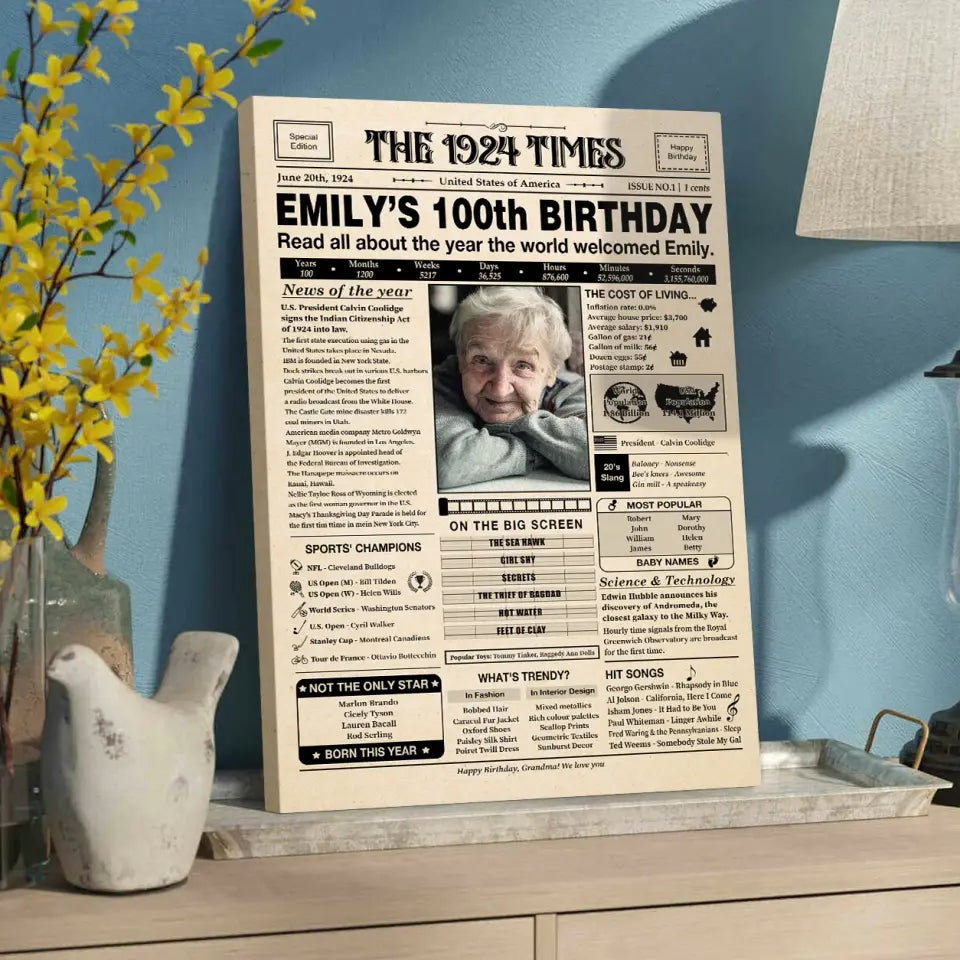 The 1924 Times Happy 100th Birthday Personalized Canvas And Poster