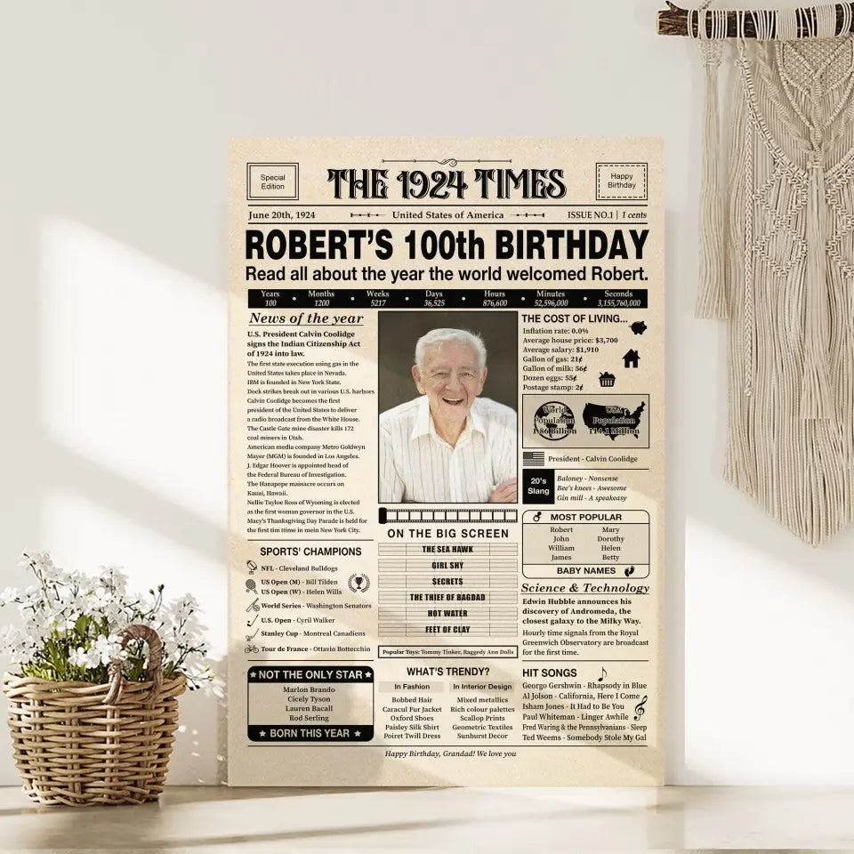 The 1924 Times Happy 100th Birthday Personalized Canvas And Poster