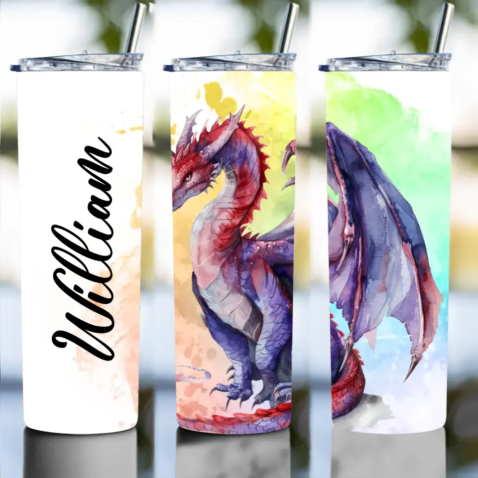 Dragon Art with Name Personalized 20oz Skinny Tumbler for Kid Daughter Son Dragon Lovers