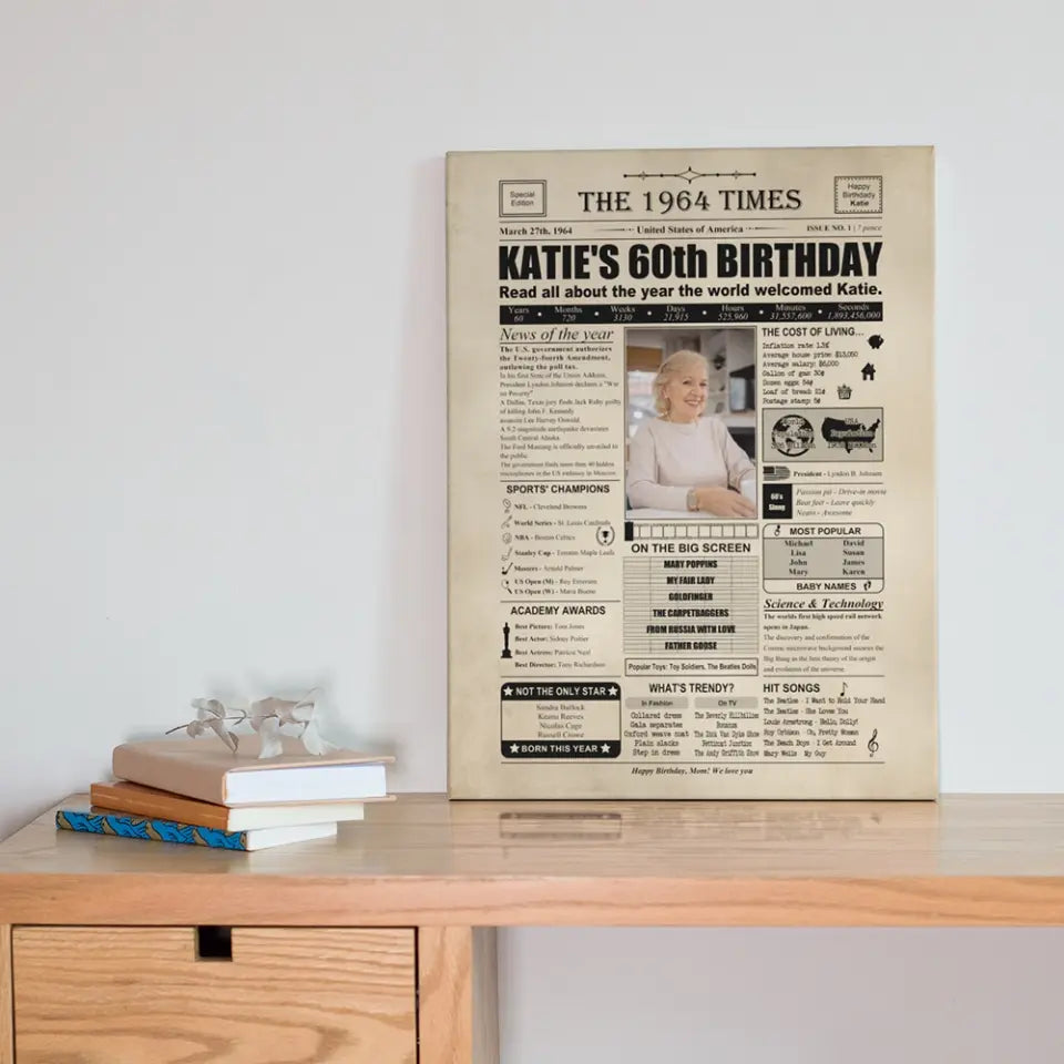 The 1964 Times Birthday Newspaper - Poster Canvas - Personalized Birthday Gift for Men Women
