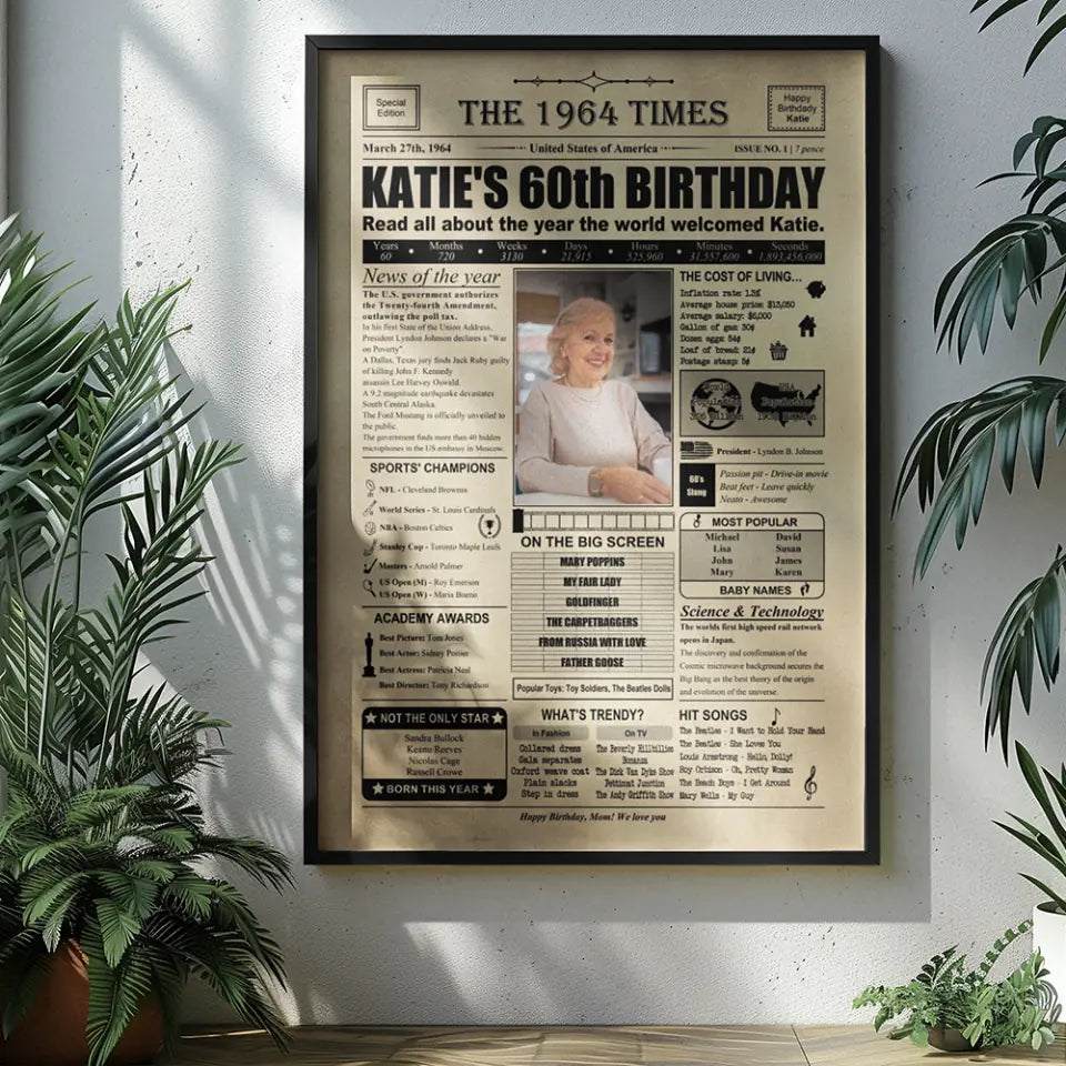 The 1964 Times Birthday Newspaper - Poster Canvas - Personalized Birthday Gift for Men Women