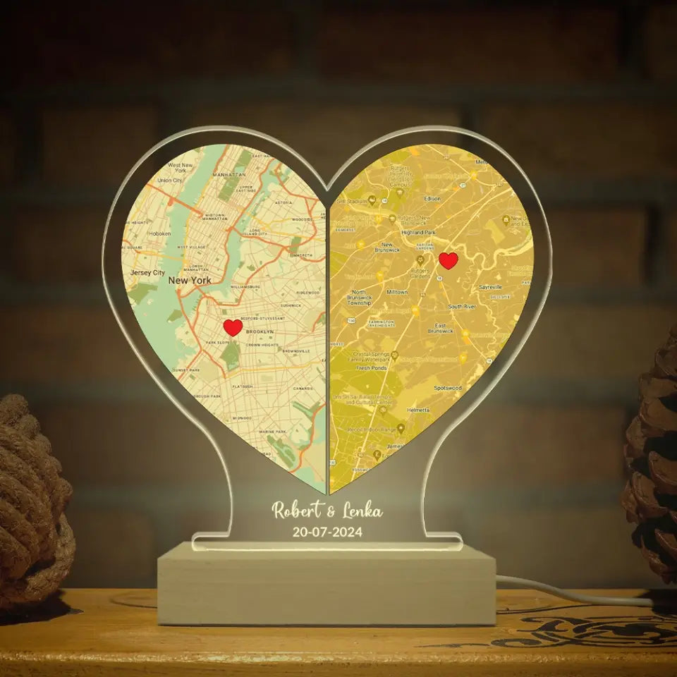 Long Distance Love Custom Map Led Light Wooden Base