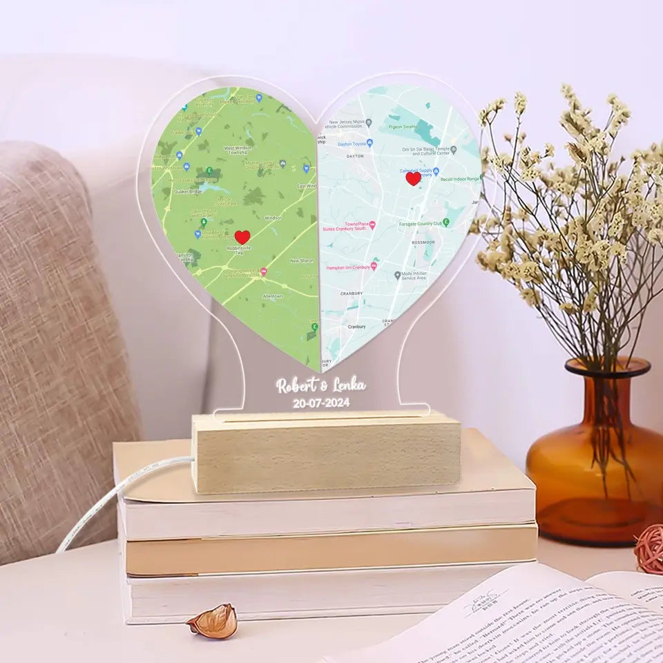 Long Distance Love Custom Map Led Light Wooden Base