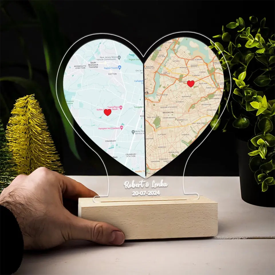 Long Distance Love Custom Map Led Light Wooden Base