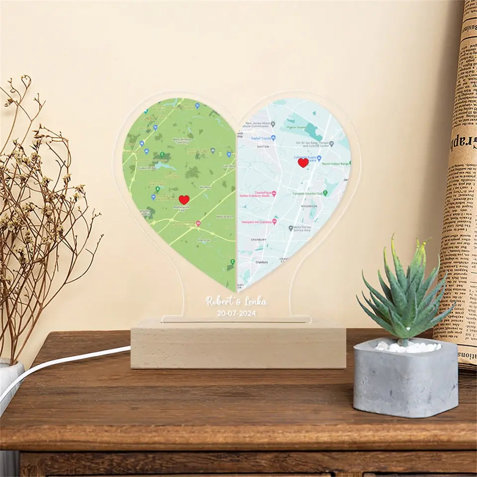 Long Distance Love Custom Map Led Light Wooden Base