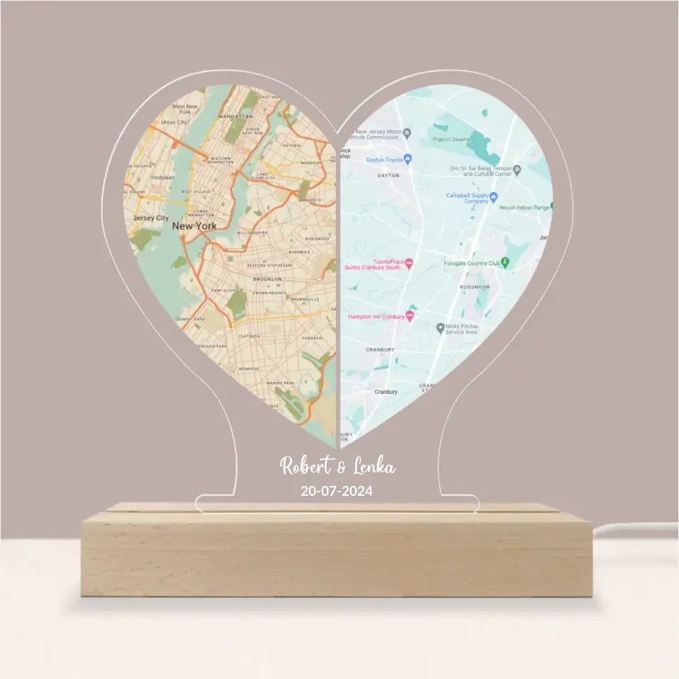 Long Distance Love Custom Map Led Light Wooden Base