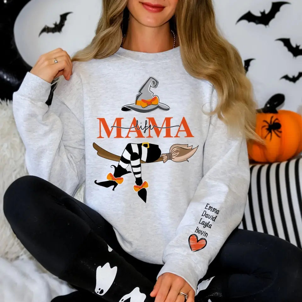 Personalized Mom/Grandma Life With Grandkids Name On The Sleeve Halloween Sweatshirt