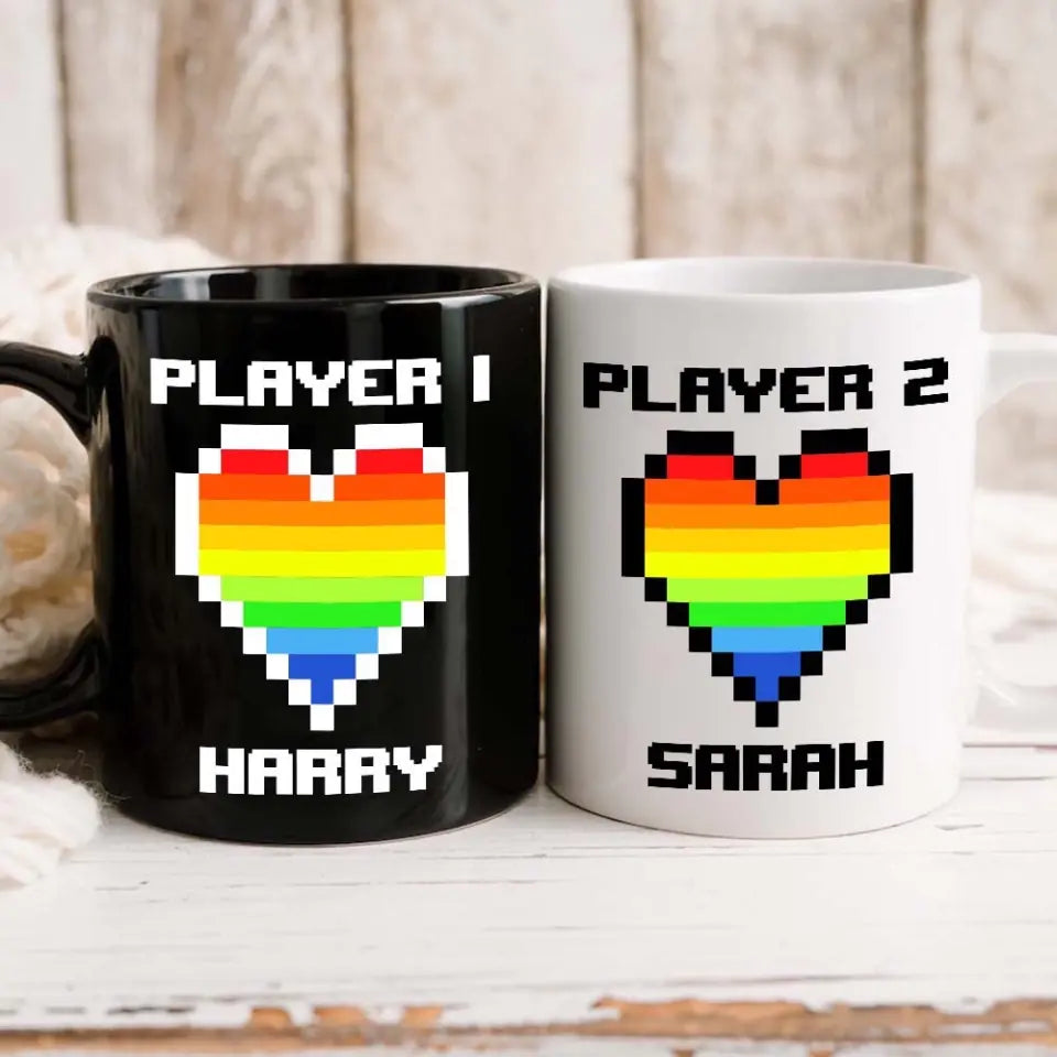 Custom Name Player One Player Two - Gay Gamer Couple Mug - Heart Matching LGBT - Wedding, Anniversary Gift for Him