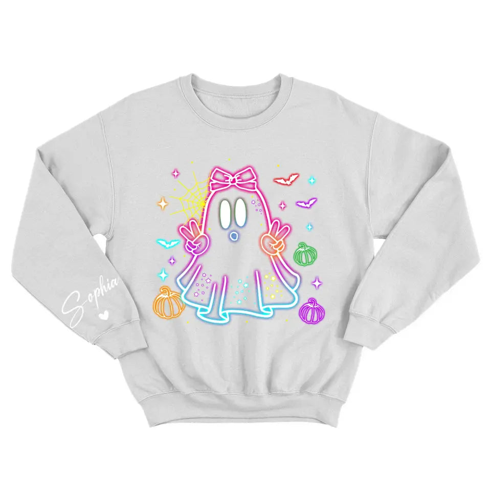 Cute Colorful Neon Boo - Personalized Name Sleeve Printed Sweatshirt - Halloween Costume for Friends, Twins, Family