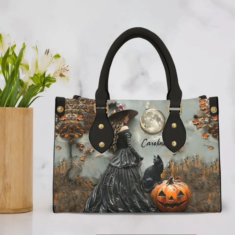 Gorgeous Witch and Black Cat- Personalized Leather Bag - Gift For With - Halloween Gifts