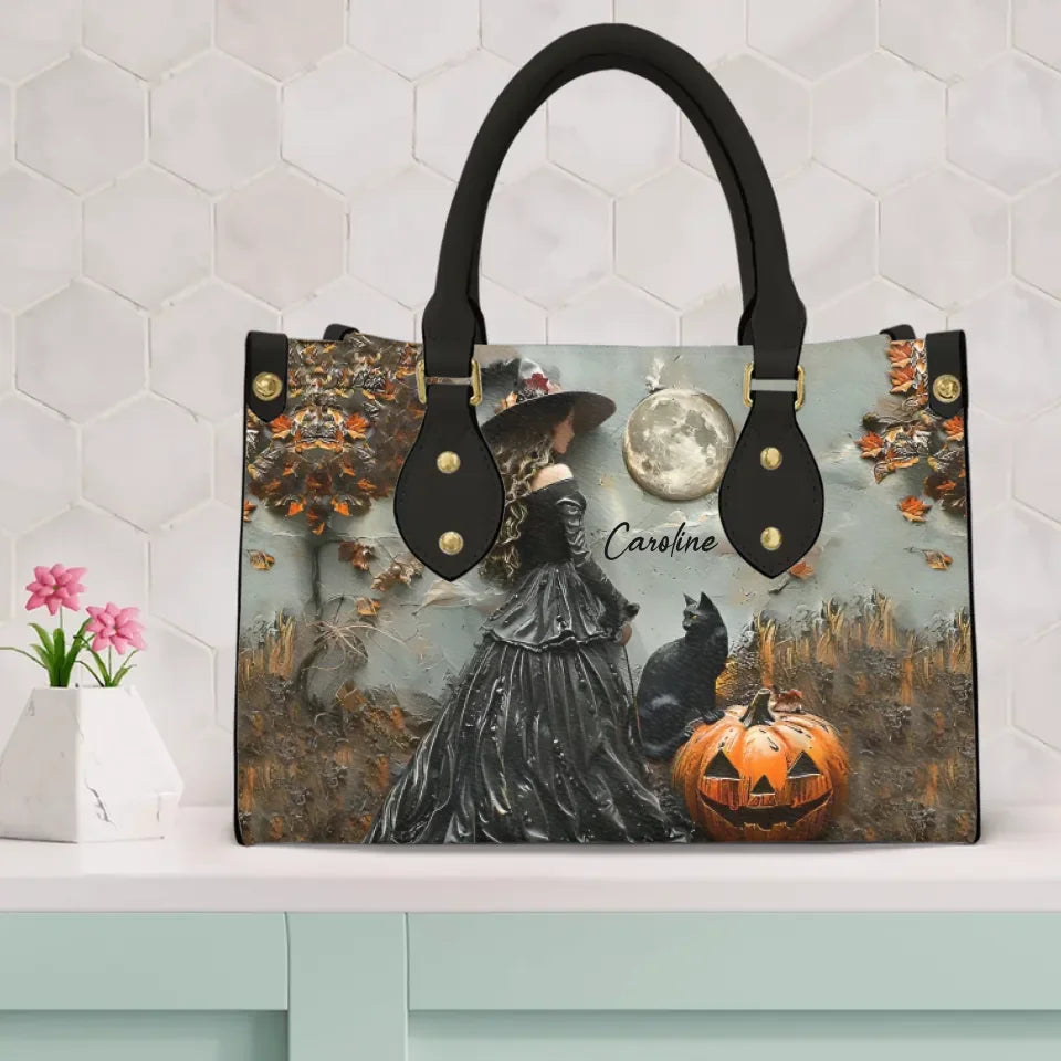 Gorgeous Witch and Black Cat- Personalized Leather Bag - Gift For With - Halloween Gifts