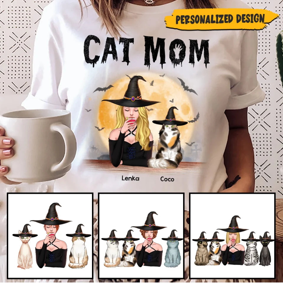 Cat Mom, Witch Mom - Personalized Witch T-shirt - Witchy Gift, Halloween Gift for Cat Mom