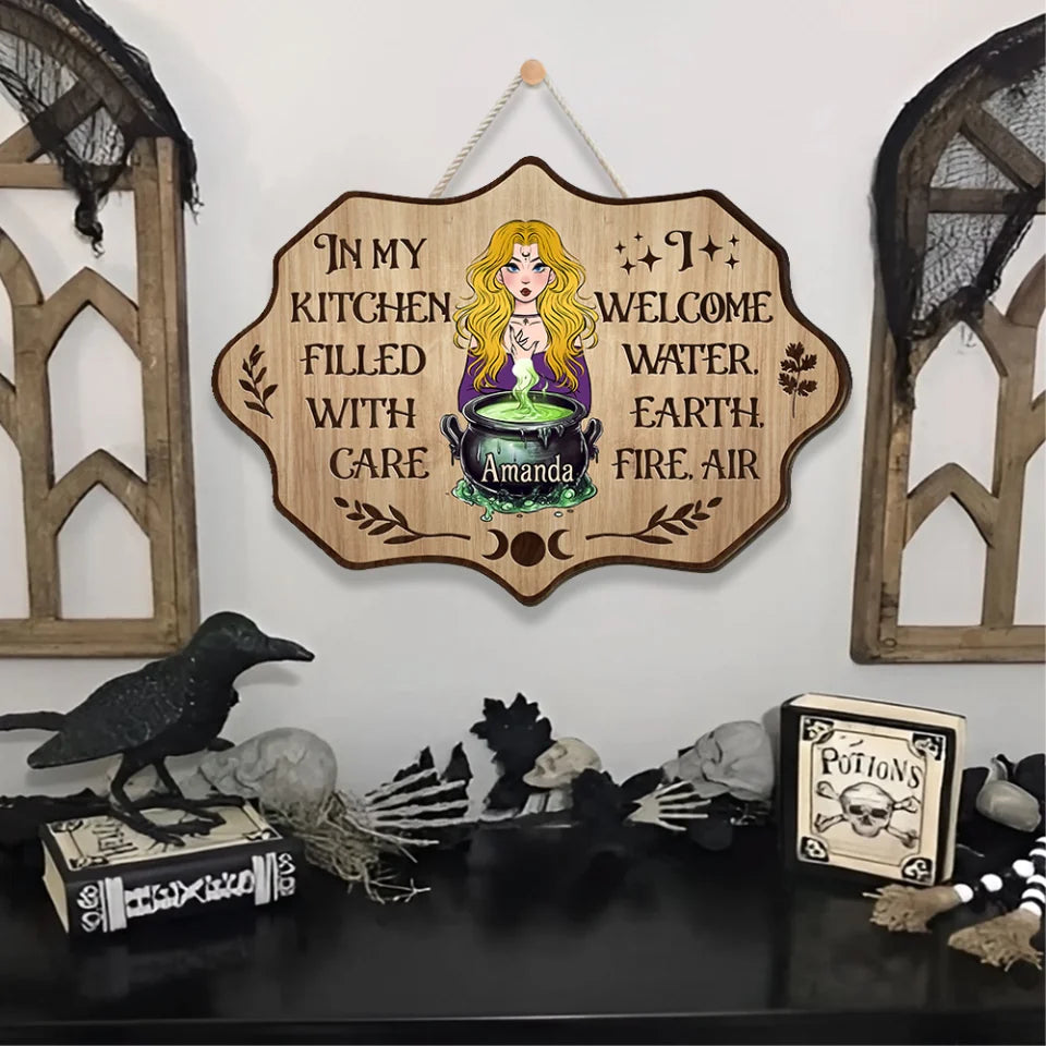 In My Kitchen Filled With Care - Personalized Shape Wooden Sign - Gift For Witches