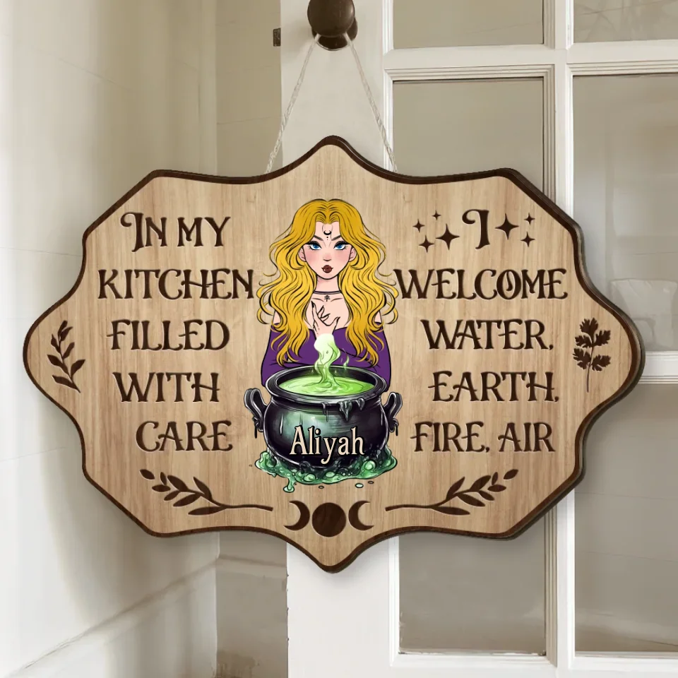 In My Kitchen Filled With Care - Personalized Shape Wooden Sign - Gift For Witches