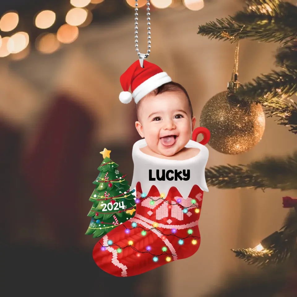 Baby In The Christmas Sock - Personalized Photo Acrylic Ornament - Christmas Gift for Newborn Baby, for New Parents