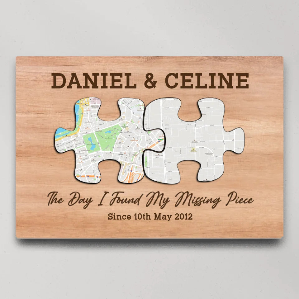 The Day I Found My Missing Piece - Custom Puzzle Map Canvas Poster - Anniversary Gift For Couples