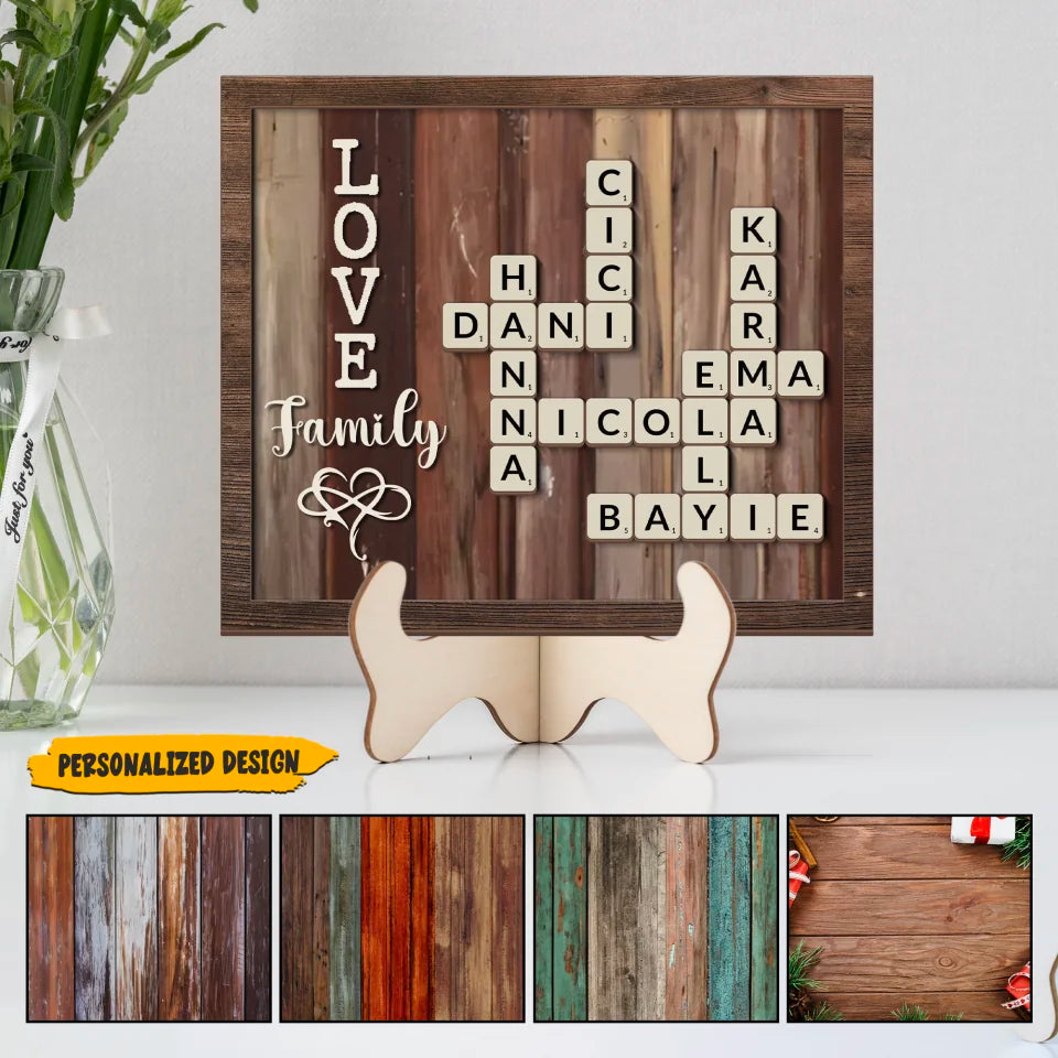 Family Crossword Puzzle - Personalized 2 Layered Wooden Sign for Desk - Family Unity Gift