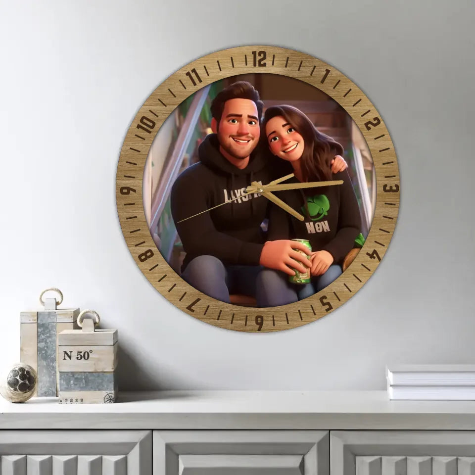 Couple Wooden Sign Cartoon Personalized Wall Clock - Gifts For Couple Family Christmas
