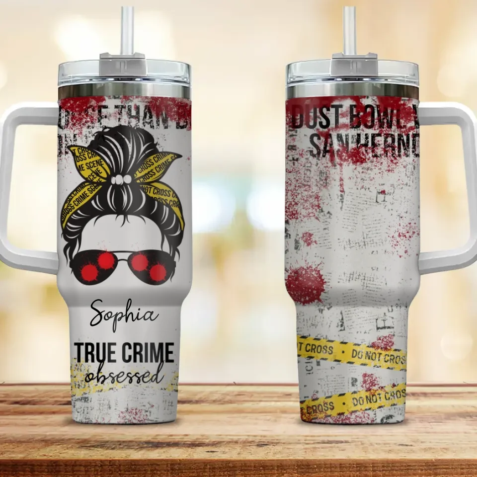 Warning True Crime Obsessed Tumbler - Horror Movie Fan - 40oz Tumbler with Handle - Halloween, Funny Gift for Horror Film Lovers