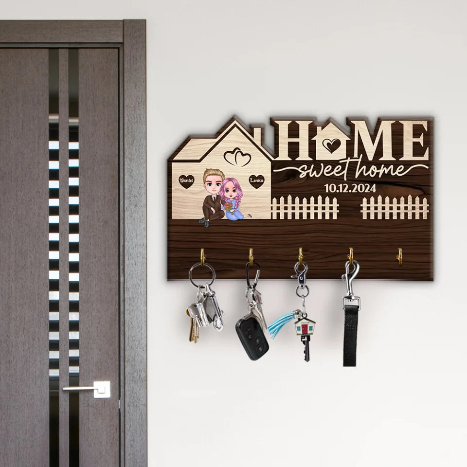 Couple Wooden Sign Home Sweet Home - Personalized Custom Key Hanger - Gift For Couple